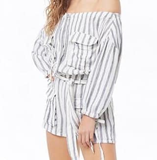 Striped Linen-Blend Pocket Romper